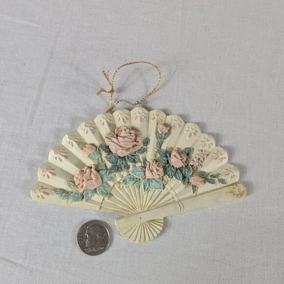 Midwest Imports Victorian Fan Christmas Ornaments Pink Roses Flowers Ivory Green - Picture 2 of 5